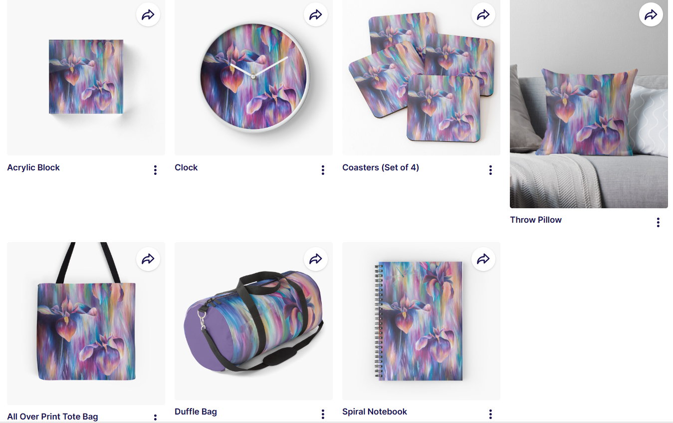 iris flowers on notebooks, bags and clocks